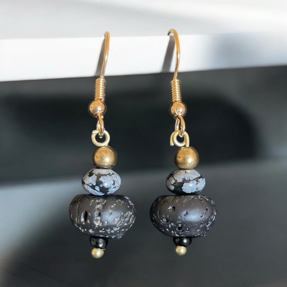 Khephra Jewelry - Black Lava Rock And Cristobalite Snowflake Obsidian and Gold Dangle Earrings